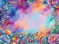 Vibrant watercolor floral frame with rainbow gradient background, ornamental botanical borders, and decorative swirls. Isolated design element for invitations, posters, and creative projects.