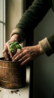 Elderly hands gently nurturing young green plant seedling in decorative copper pot by window, symbolizing growth, care, and new beginnings in gardening.