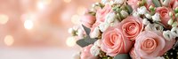 Elegant pink and white rose bouquet with soft bokeh lights background for wedding, Valentine's Day, romance and special occasions celebration.