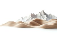 Minimalist mountain landscape with snow-capped peaks rising above smooth beige waves, creating abstract natural terrain formation against white background.
