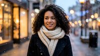 Young African American woman with curly hair wearing knit scarf and black coat smiling on snowy city street with warm lights and storefronts in background.