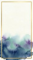 Watercolor abstract landscape with purple, green, and navy blue flowing washes at bottom, cream background, gold frame border. Isolated on white, ready for invitations, posters, social media graphics.