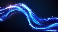 Glowing blue wave of magical particles and sparkles flowing on dark background creating dynamic light trail effect for abstract designs.