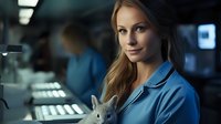 Young female veterinarian in blue medical uniform holding white rabbit during night shift at modern veterinary clinic, caring expression and professional atmosphere.