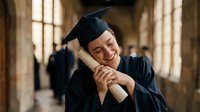 Happy Asian female graduate in cap and gown holding diploma celebrating university graduation achievement in academic hallway with warm sunlight.