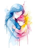 Watercolor mother and child embracing in tender moment with colorful paint splashes on white background for family design projects.