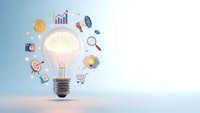 Glowing light bulb surrounded by floating business icons including charts, magnifying glass, shopping cart and gears on gradient background for innovation concepts.
