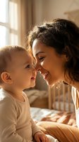 Young mother with curly brown hair tenderly bonding with her smiling baby in warm sunlit bedroom. Intimate maternal moment capturing love and connection.