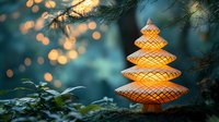 Glowing wooden Christmas tree decoration in forest setting with pine branches and bokeh lights creating magical holiday atmosphere.