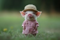 Adorable pink piglet wearing straw hat and pink dress standing in green grass meadow, smiling at camera. Whimsical farm animal character for children's books.