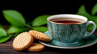 Mint green ceramic teacup with leaf pattern filled with hot tea and butter cookies on wooden table, fresh green leaves background creates cozy atmosphere.