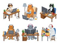 Anthropomorphic animals working at desks with computers, laptops, and office supplies in various workplace settings. Isolated characters suitable for business, corporate, and professional design projects.
