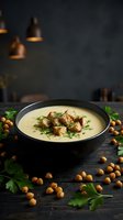 Creamy soup with croutons and herbs in black bowl on rustic wooden table with chickpeas and parsley garnish in moody kitchen setting.