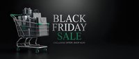 Metallic shopping cart filled with product boxes and gift packages on dark background with Black Friday sale text and exclusive offer promotion message.