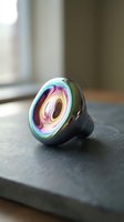 Modern black ring with iridescent holographic gemstone featuring rainbow light refraction, displayed on dark surface with natural window light for jewelry design and fashion accessories.