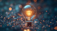 Glowing lightbulb surrounded by luminous particles and network connections on dark background with bokeh effect, symbolizing innovation and creative ideas.