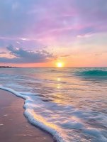 Tranquil ocean waves rolling onto sandy beach at sunset with vibrant pink and purple sky, golden sun reflection on water creating serene coastal atmosphere.