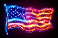 Glowing American flag with vibrant neon effect featuring blue stars and red stripes against black background, creating dynamic patriotic light display.