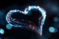 Magical glowing heart shape created with sparkling blue and pink light trails against dark background, romantic bokeh effect adds dreamy atmosphere.