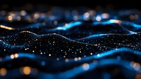 Abstract digital wave landscape with glowing blue particles and golden light accents on dark background, creating futuristic technology visualization for business presentations.
