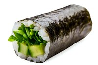Fresh cucumber and avocado sushi roll wrapped in nori seaweed and white rice, displayed on white background, macro food photography closeup.