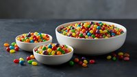 Colorful candy-coated chocolates in white ceramic bowls on dark slate surface. Sweet treats for parties, celebrations, and confectionery displays.
