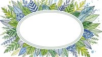 Watercolor botanical frame with green and blue leaves surrounding oval white space for text or design elements on transparent background.