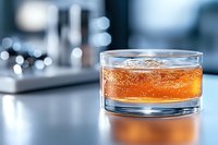 Amber-colored cocktail with bubbles and ice in short glass on dark surface against blurred bar background, elegant drink presentation with bokeh lighting.