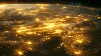 Aerial view of glowing city lights across vast urban landscape at night, creating luminous patterns against dark terrain, seen from space perspective.