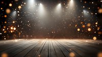 Empty wooden stage with dramatic spotlights shining from above, golden bokeh particles floating in dark atmospheric space, rustic planked floor creates depth.