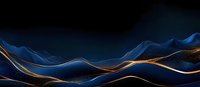 Luxurious dark blue and gold waves with glitter particles create elegant abstract landscape on black background, modern minimalist design for luxury branding.