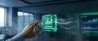 Businessman hand holding glowing green holographic icon with upward trending chart and forecasting text, modern office background with city skyline view and digital data visualization displays.