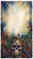 Ornate skull surrounded by roses and decorative flourishes with watercolor sky background, featuring intricate filigree patterns and botanical elements in gold, burgundy, teal, and purple tones.