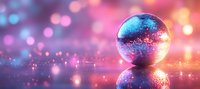 Magical crystal sphere reflecting colorful bokeh lights on wet surface with purple and orange glowing background creates dreamy atmosphere.