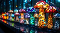 Colorful glowing mushroom lamps in stained glass style create magical garden atmosphere at night, illuminating dark path with vibrant mosaic patterns.