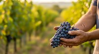 Farmer holding fresh dark grapes in vineyard during harvest season with blurred grapevines in background. Suitable for agriculture, wine production, and farming industry content.
