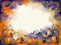 Watercolor Halloween frame with pumpkins, ghost, witch, bats, and crescent moon on purple and orange background with copy space.