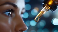Close up of young African American woman's eye with dropper of golden oil serum against blurred blue bokeh lights background. Skincare and beauty concept.