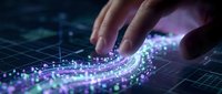 Hand touching glowing digital data stream with purple and blue particles flowing across grid surface representing technology innovation and data manipulation.