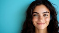 Young Mediterranean woman with freckles and dark wavy hair smiling genuinely against turquoise background, expressing joy and confidence in casual portrait.