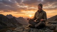Middle-aged Caucasian man meditating on mountain peak at golden sunset with dramatic sky and flying birds creating peaceful outdoor wellness scene.