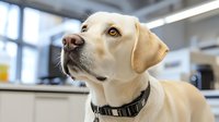 Yellow Labrador retriever with black collar looking up attentively in modern kitchen setting, close-up portrait showing loyal and alert expression.