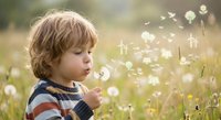 Young blonde boy blowing dandelion seeds in sunny meadow, childhood wonder and nature connection, outdoor spring activity with floating seeds.