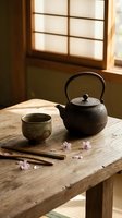 Traditional Japanese tea ceremony setup with cast iron teapot and ceramic cup on wooden table with cherry blossoms and chopsticks in serene interior.