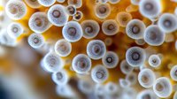 Macro photography of coral polyps in white and golden colors showing detailed circular patterns and textures against blurred background, marine life study.