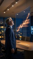 Senior businessman analyzing upward trending financial chart on digital display in modern office environment for strategic planning and investment decisions.