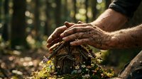 Hands protecting small tree seedling growing from mossy forest floor in natural woodland environment symbolizing environmental conservation and growth.