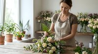 Young Caucasian female florist in linen apron arranging fresh flowers in a bright flower shop, creating an elegant bouquet on a wooden table.