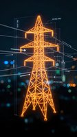 Glowing orange electrical transmission tower with technical diagrams and voltage specifications against dark background with bokeh lights for energy concepts.