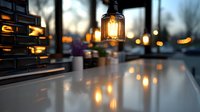Hanging lantern with warm glowing light casting reflections on wet pavement during twilight, urban evening ambiance for design and decor projects.